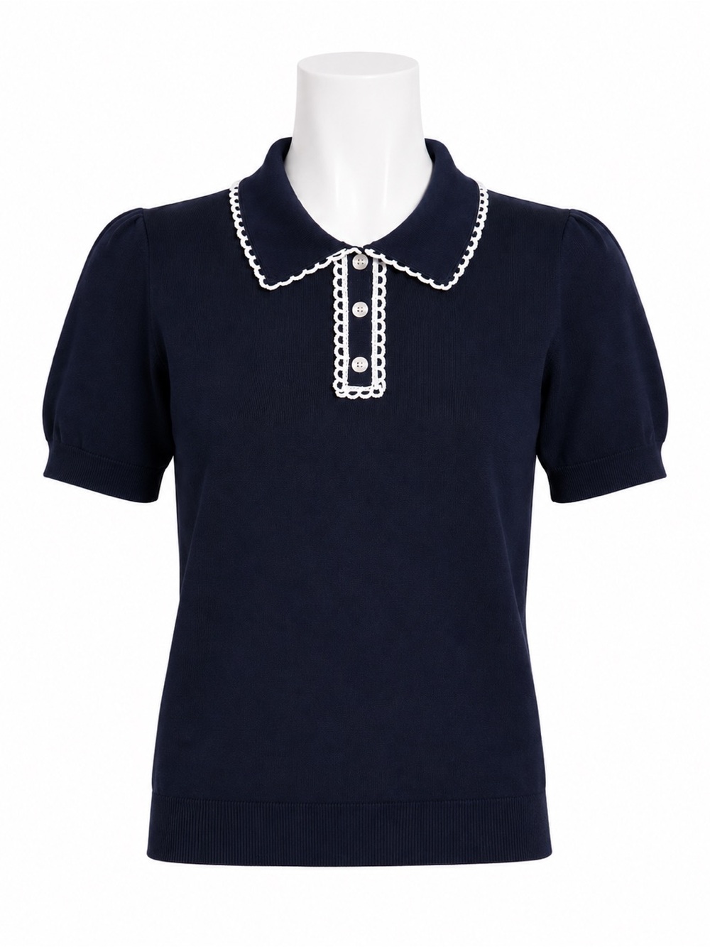 Size M TAES Women’s Navy Scallop Trim Knit Polo Top